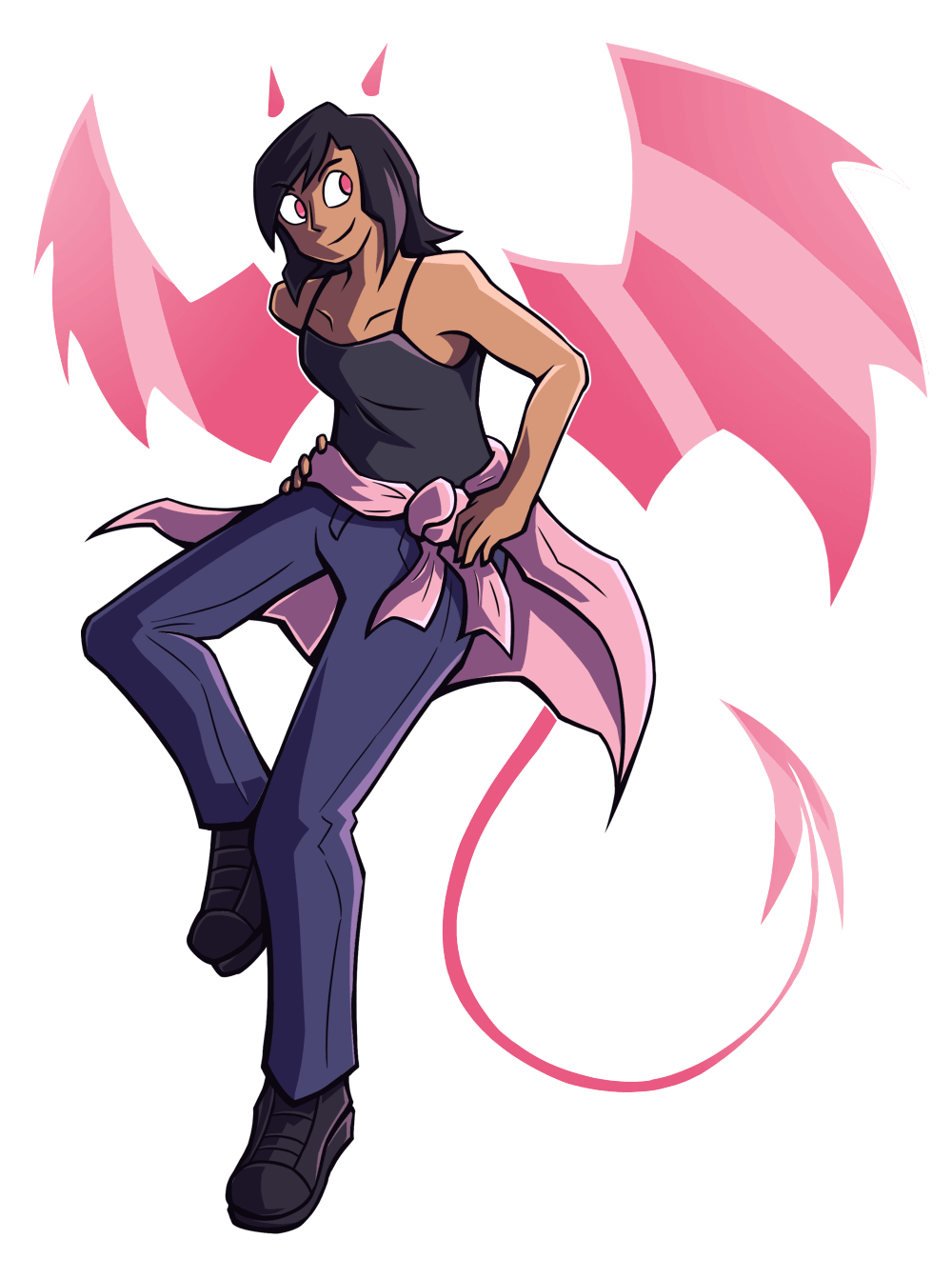 it me! but in a mysterious shadow with a floaty pink set of demon wings, tail and horns.